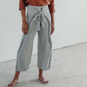Tigerowl wrap pants / striped linen Wide-Leg Pants 100% linen